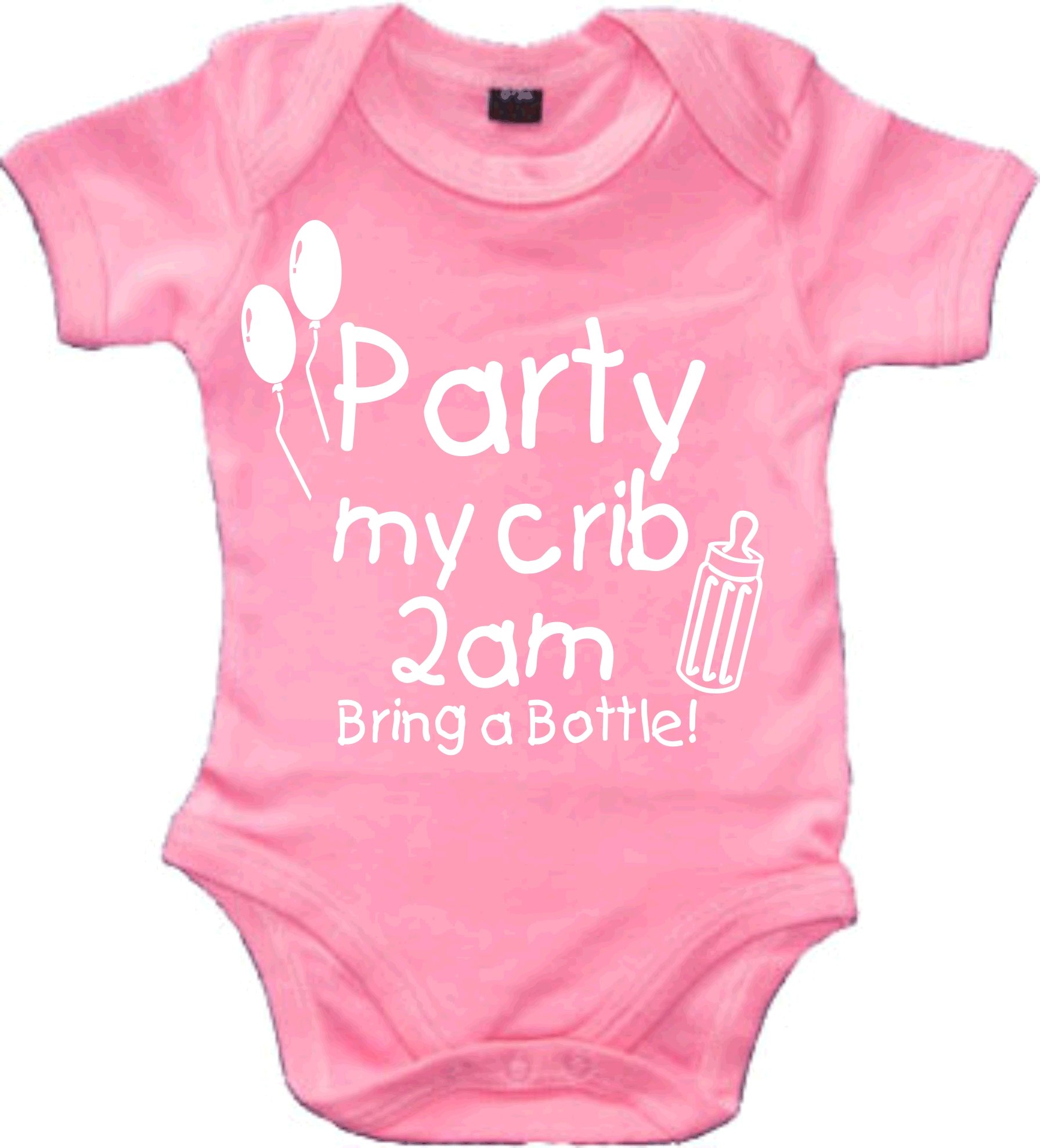 Edward Sinclair Bubblegum Pink Baby Bodysuit 6-12 Months with White Glitter Print 'Party at My Crib 2AM Bring A Bottle'