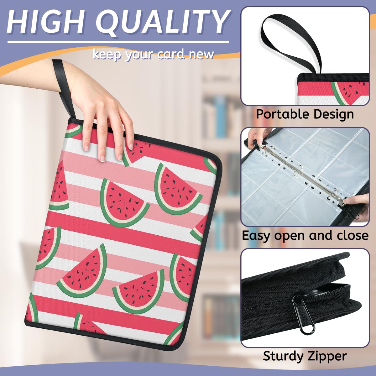 Raccoglitore per carte con 9 tasche, 900 tasche, con chiusura a cerniera (anguria a righe rosa)