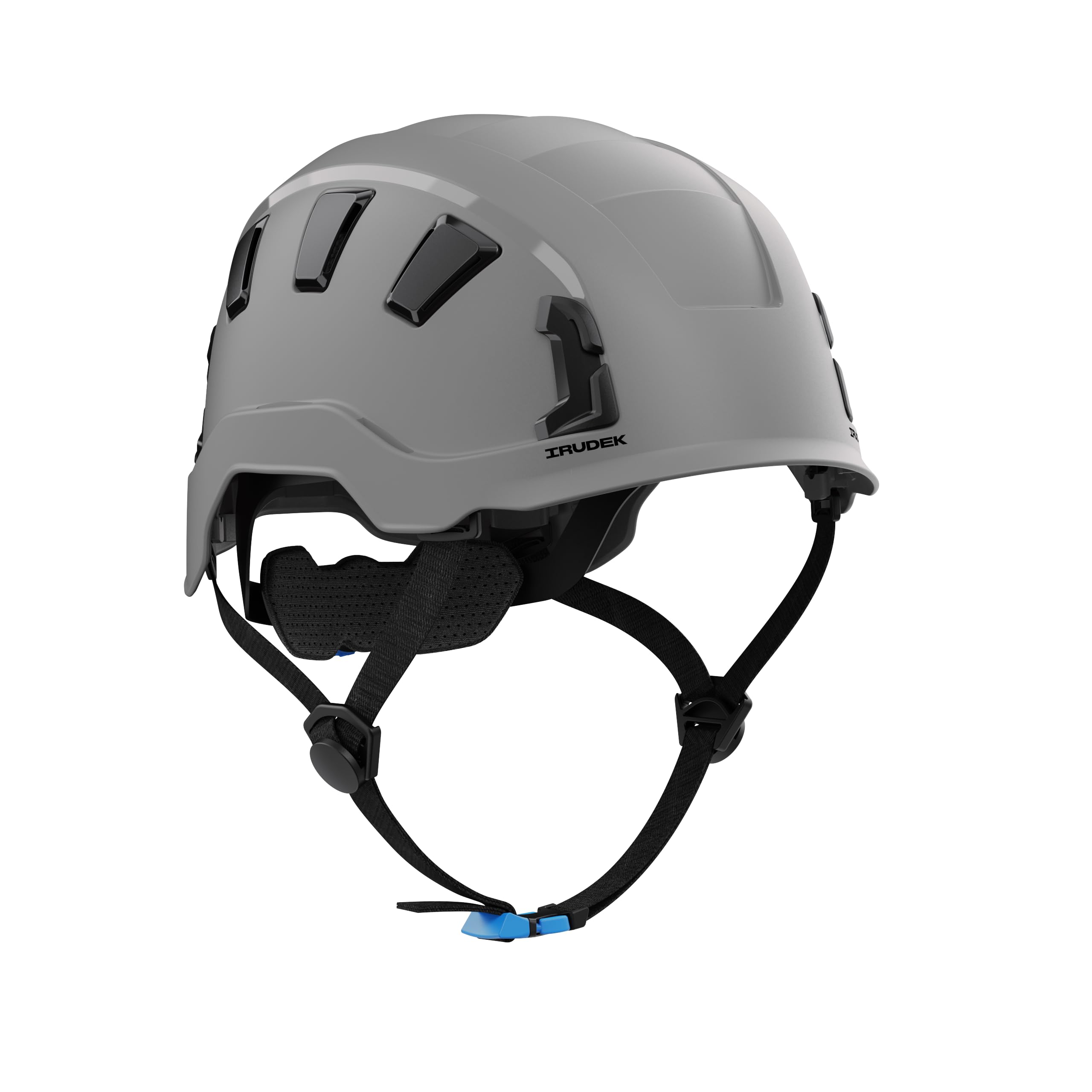 Irudek OREKA II Vent Gris – Casco ventilado para Trabajos en Altura, ABS Ultraligero, barboquejo Ajustable, Ranuras universales 30 mm, Chip NFC Integrado, Certificado EN 397 y EN 12492