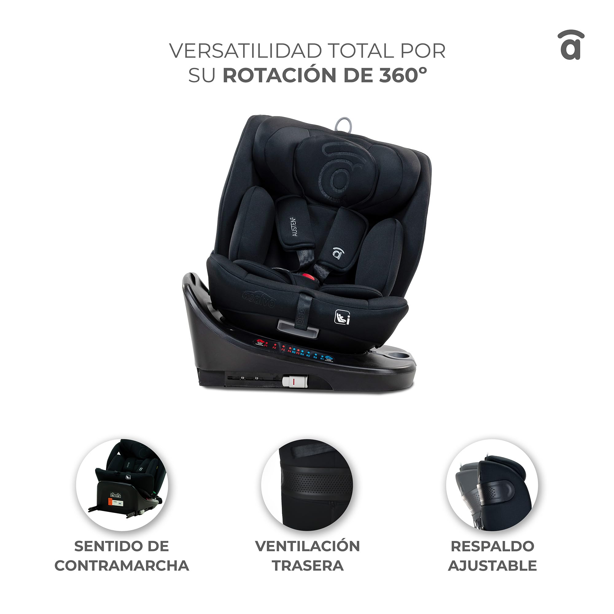 Asalvo AUSTEN 2 Silla de coche con isofix 40-150 cm, Edad: desde el nacimiento hasta los 12 años –I-size, Acontramarcha hasta los 105 cm, 4 años aprox, Negro