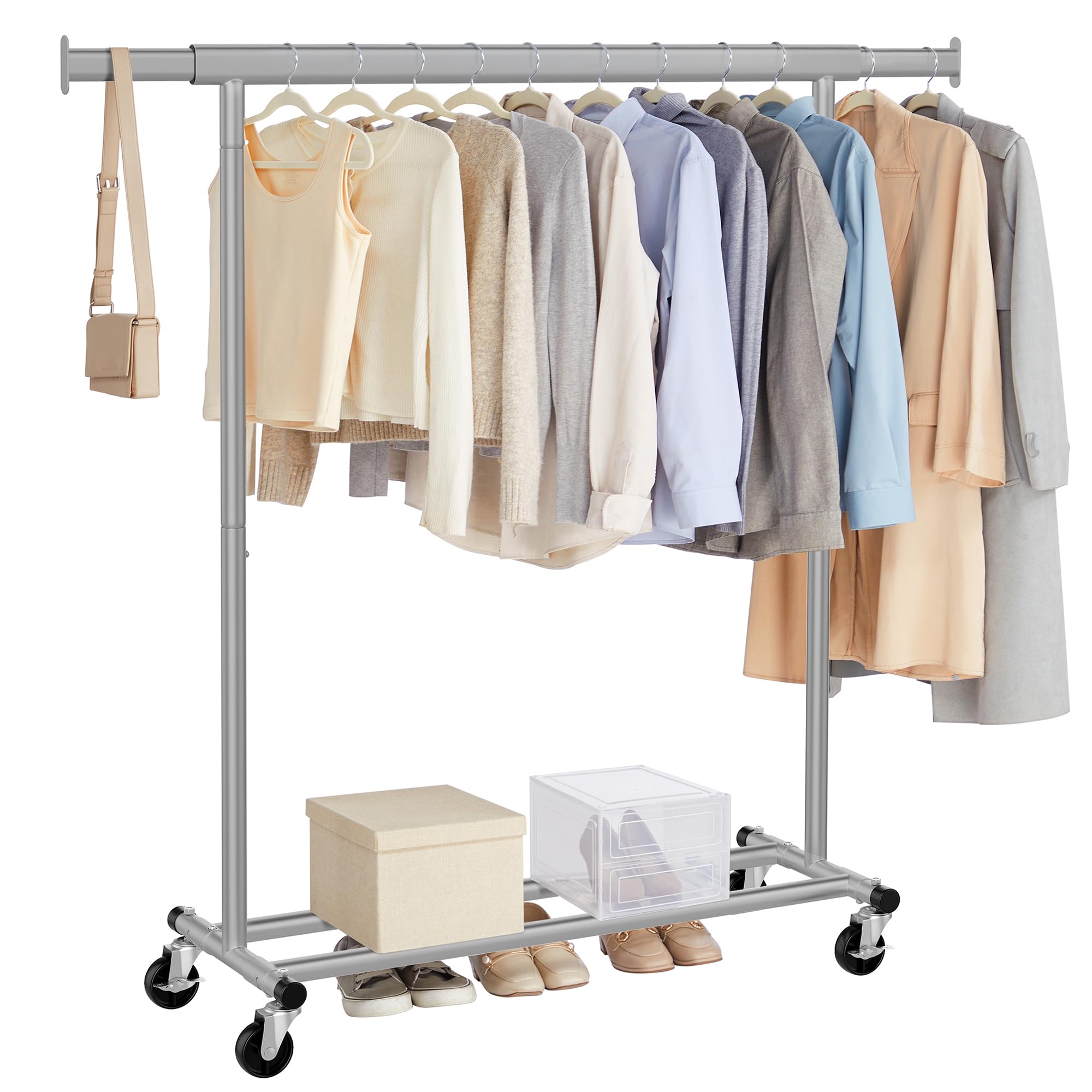 SONGMICS Clothes Rack on Wheels, Heavy Duty Clothes Rail, 45 x (92-132) x 161.5 cm, with Extendable Hanging Rail, 100 kg Load Capacity, Easy Assembly, Portable, Dove Grey HSR013G01