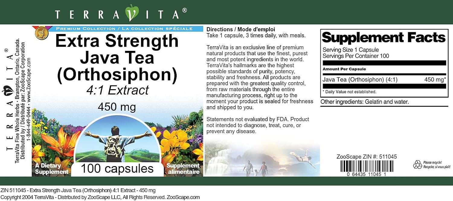 Extra Strength Java Tea (Orthosiphon) 4:1 Extract - 450 mg (100 Capsules, ZIN: 511045)