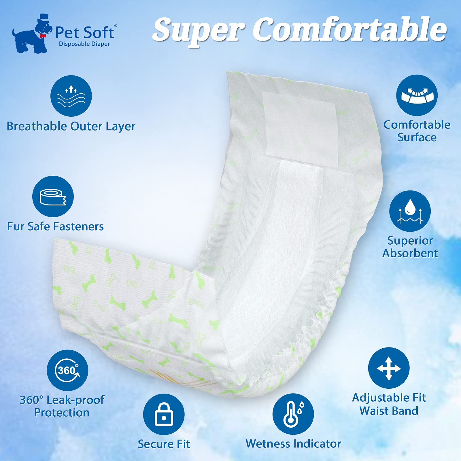 Pet Soft Hondenluiers voor mannetjes, wegwerp, 50 stuks, super absorberende luiers voor puppy's, incontinentie, luierwraps met nattigheidsindicator (L- 50 telling