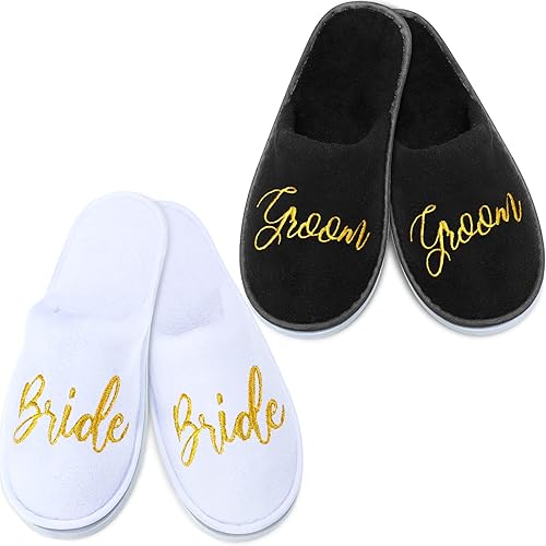 Janmercy 2 pares de pantuflas de boda para novio, novia para boda, pantuflas personalizadas para ducha, regalos de fiesta de novia, blanco y negro,