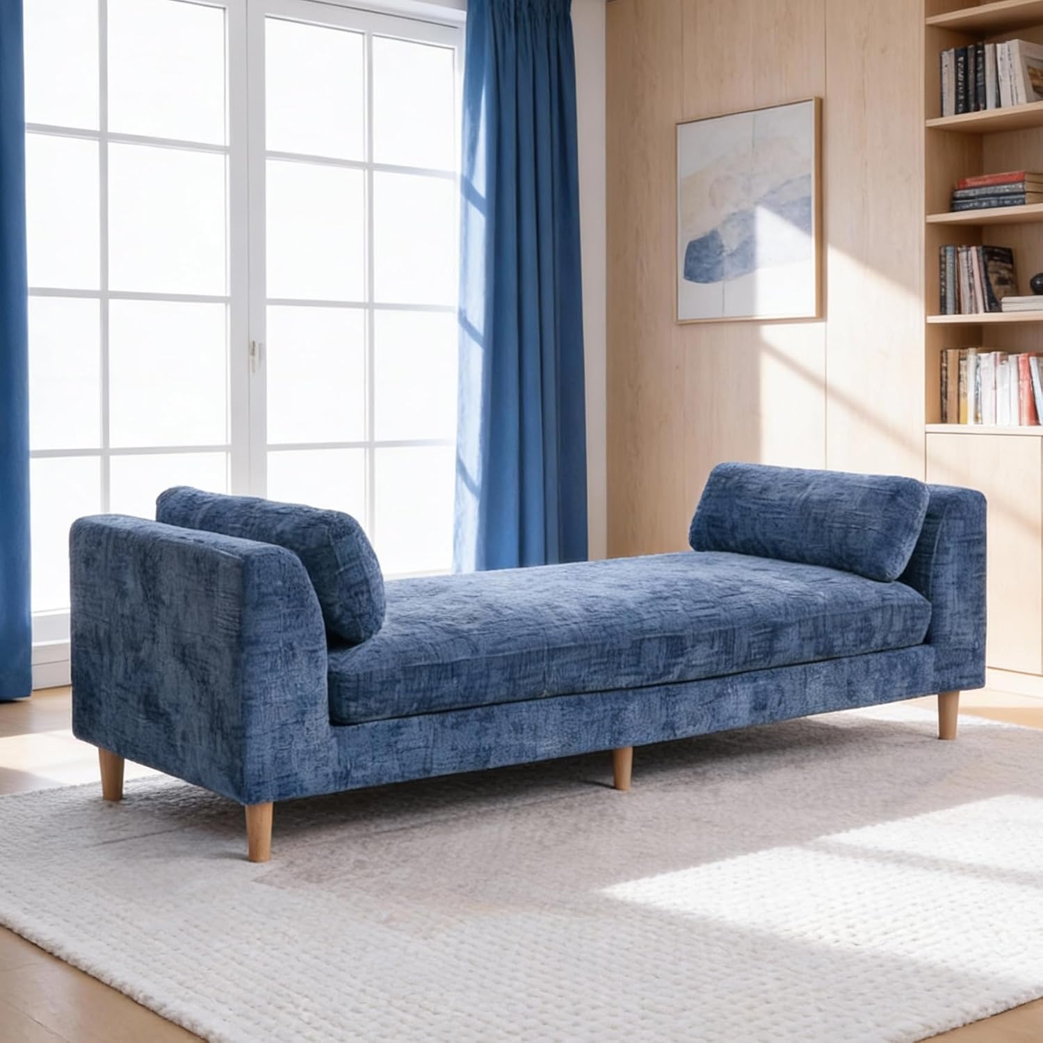 Aoiy & Wifon 83.1" W End of Bed Bench King Size, Oversized Window Bench Seat with Pillows & Rubberwood Legs for Bedroom/Living Room/Apartment, Polyester, Wheat