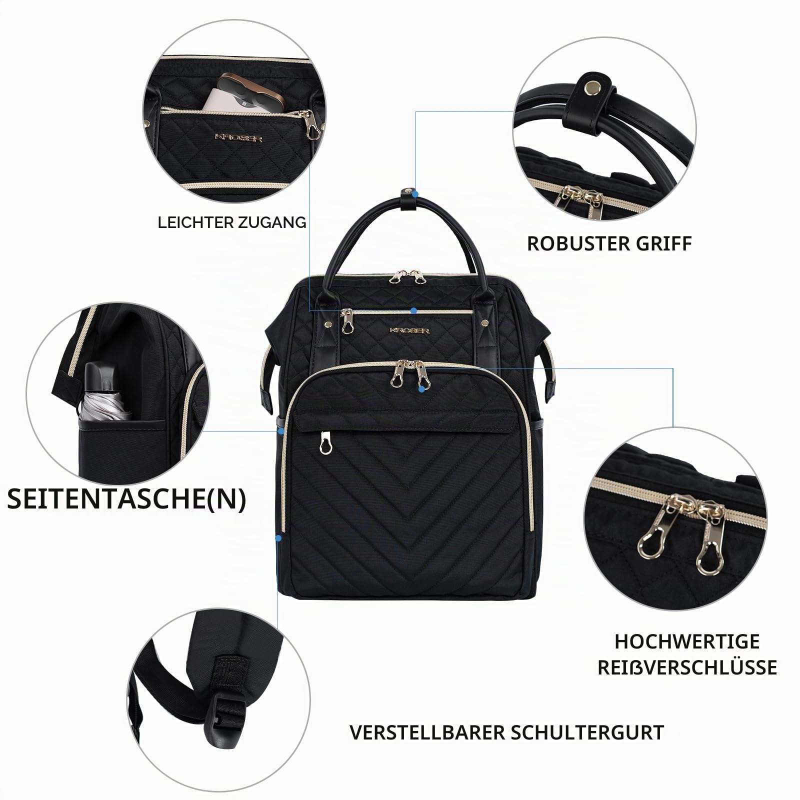 KROSER Laptop-Rucksack Damen 17 Zoll Business Reiserucksack Wasserdicht mit Hartgeschältem Sicherheitsraum Tasche für Männer/Frauen, Schwarz Gesteppt