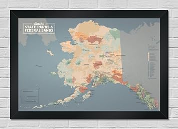 Alaska State Parks & Federal Lands 24x36 Poster Tan & Slate Blue | Black Frame.