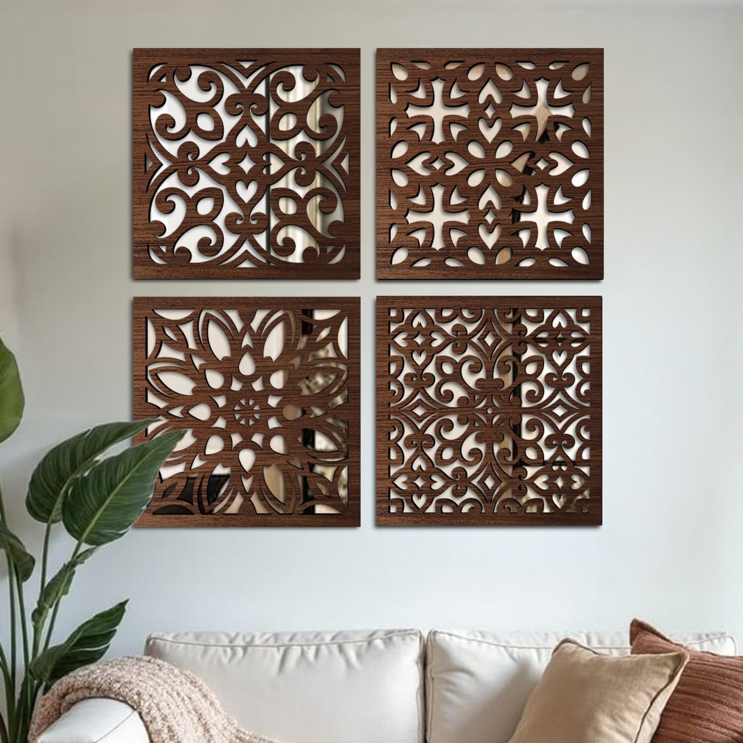 Brown Wall Mirror Decor Panel Wooden Hanging Rectangular Wall Decor Frame for Living Room, Bed Room - Decorative Mirror Wooden Wall Hanging Set of 4 (Design02)-image-1