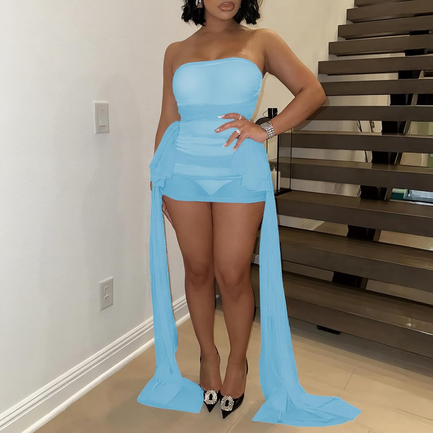 Elainone Mini Dresses for Women Mesh Sheer Dress Tube Off Shoulder with Ribbon Bodysuit Club Party Night Rave Festival - Image 3