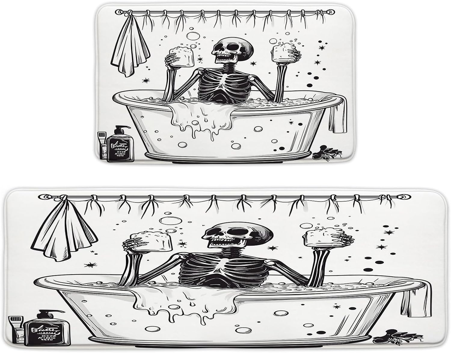 2 PCS Spooky Skull Kitchen Mat Funny Black White Skeleton Take Bath in Bathtub Cool Halloween Hilarious Gothic Kitchen Runner Rug for Kitchen Sink Laundry,20x31+16X48 Inch