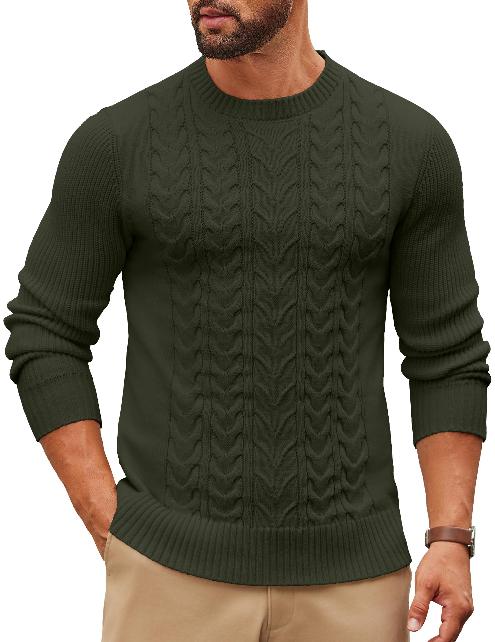 Mens Cable Knit Sweater Casual Long Leeve Crewneck Pullover Sweaters Twist Textured Fisherman Sweater