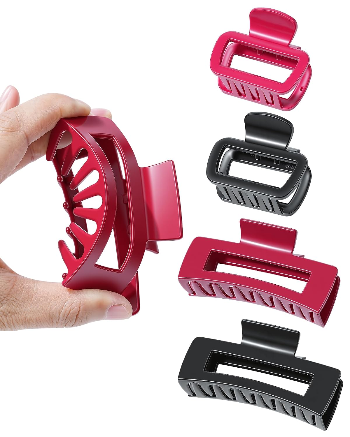 4 Pack Silicone Claw Clips for Women - Flexible Non-Slip Claw Clips for Thin Thick Hair Soft Strong Hold Cloud Hair Clips (2 Large + 2 Medium) (Black + Red)