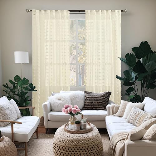 Miniatura 8 de BGment Cortinas traslúcidas con pompones de 63 pulgadas de largo, cortinas bohemias texturizadas filtrantes de luz con bolsillo para barra y pestaña