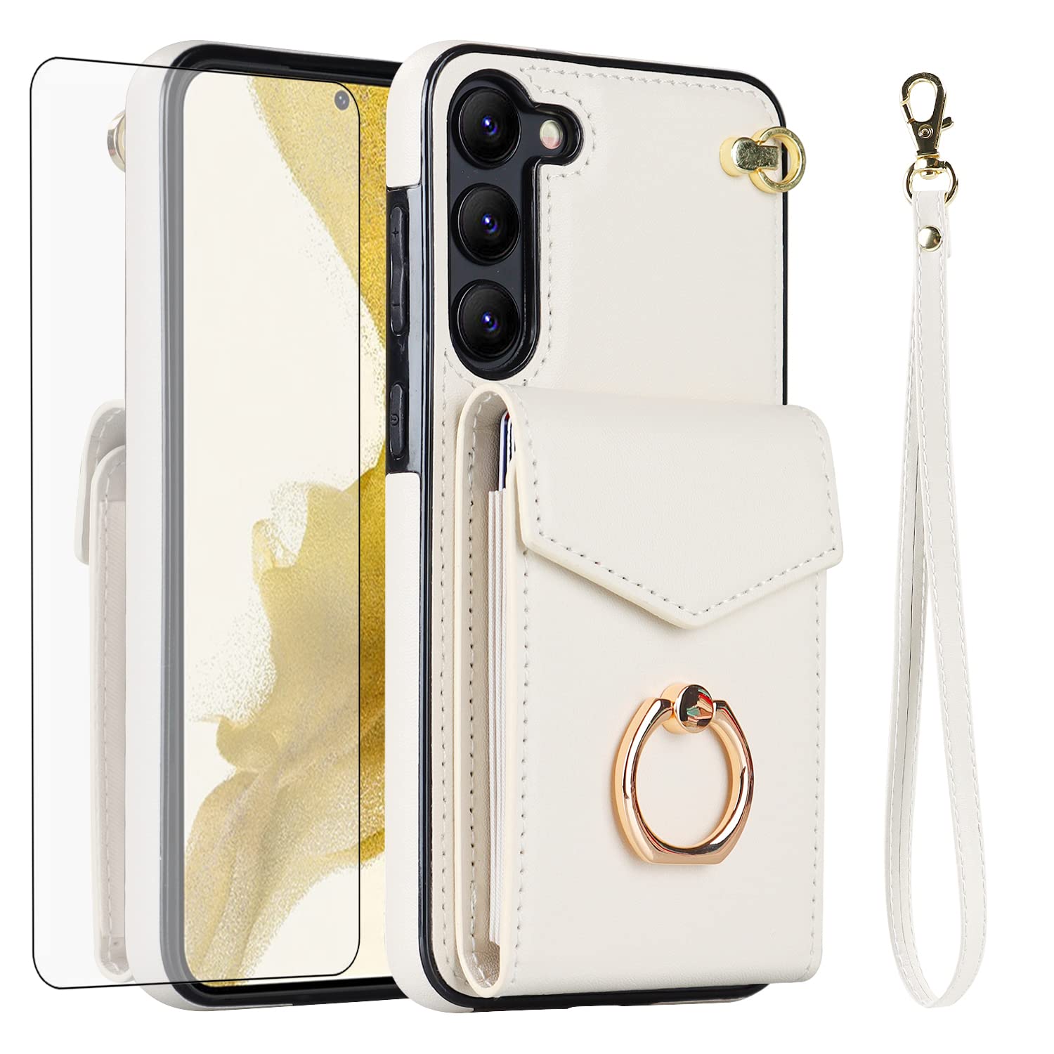 Asuwish Phone Case for Samsung Galaxy S23 Plus 5G Wallet Cover with Tempered Glass Screen Protector and Ring Stand Credit Card Holder Cell Accessories