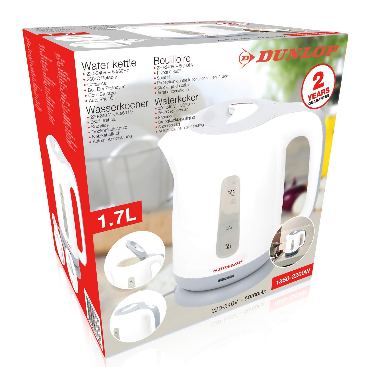Dunlop 871125208363 hervidor de Agua, 2200 W, 1.7 litros, Plástico, Weiß