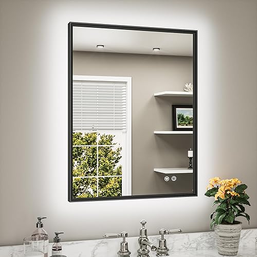 Miniatura 9 de TETOTE Espejo de baño retroiluminado de 30 x 36 pulgadas, marco de metal dorado cepillado, luz LED, 3 colores, blanco/cálido/natural, sin escalones