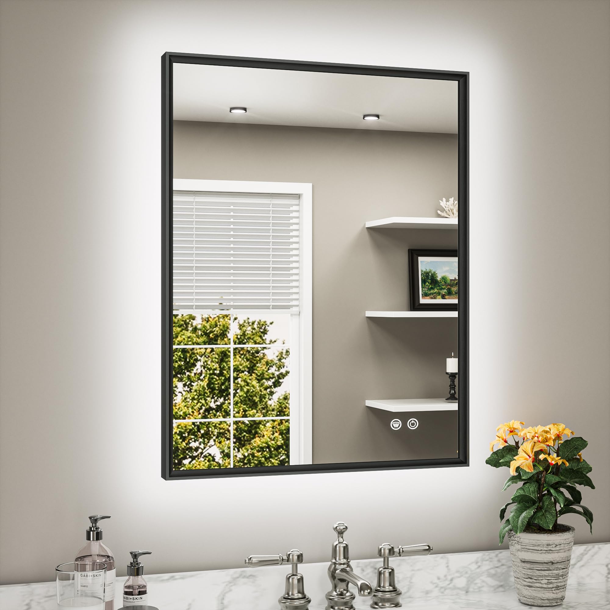 TETOTE 24 x 32 Backlit Bathroom Mirror Brushed Black Metal Frame LED Light Vanity 3-Color White/Warm/Natural Stepless Dimmable Anti-Fog Backlight Mirror Wall-Mounted