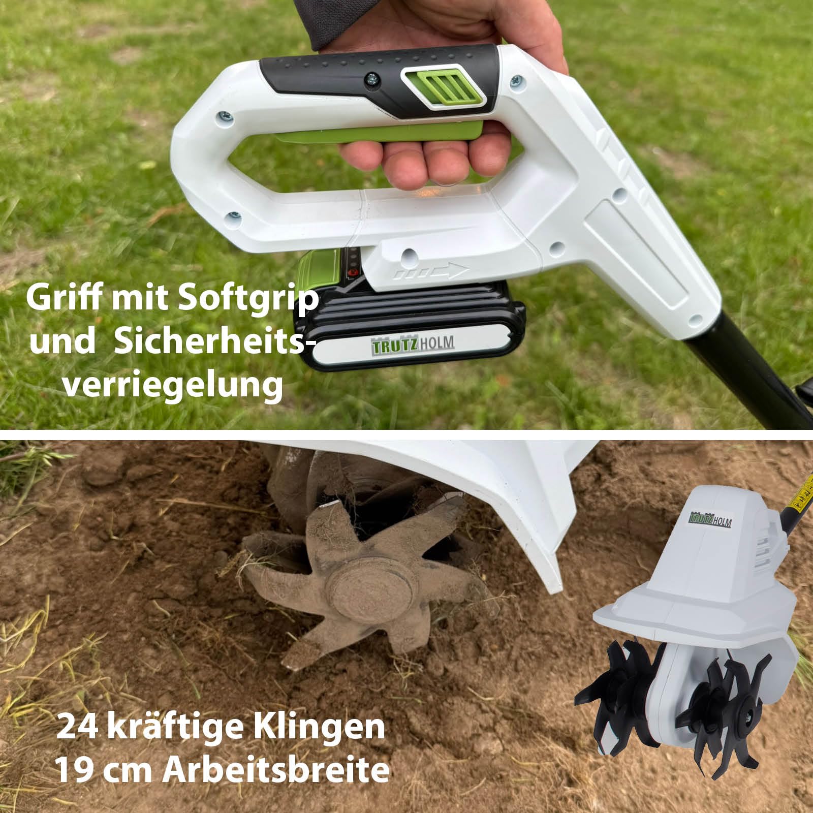 TRUTZHOLM Akku Bodenhacke 20V/2.0Ah mit Akku und Ladegerät 19 cm Arbeitsbreite 24 Klingen 15,5 cm Arbeitstiefe Motorhacke Bodenfräse Gartenfräse Kultivator für Beet und Garten