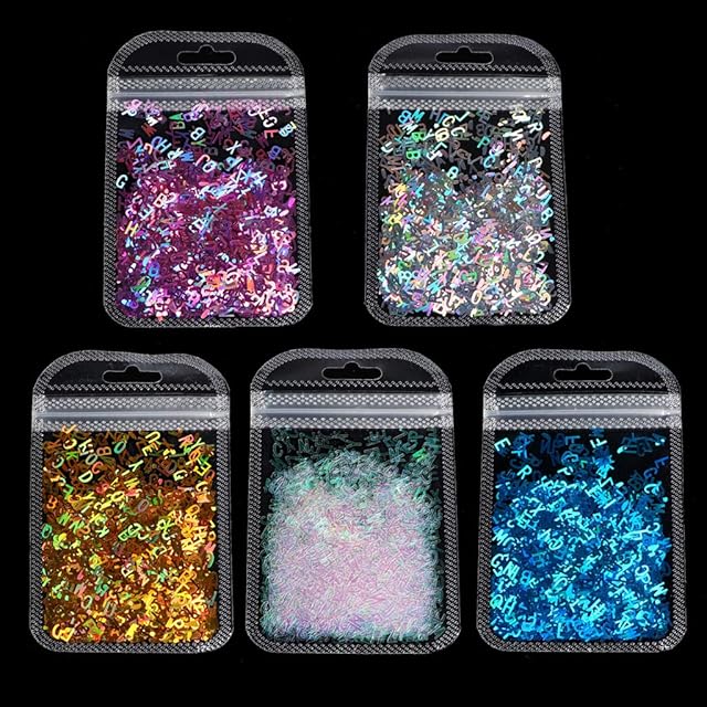 BELTI 5 Colors Alphabet Holographic Laser- Letters Chunky Glitter Epoxy Resin Festival Chunky Letters Mixed Sequins 2g Per