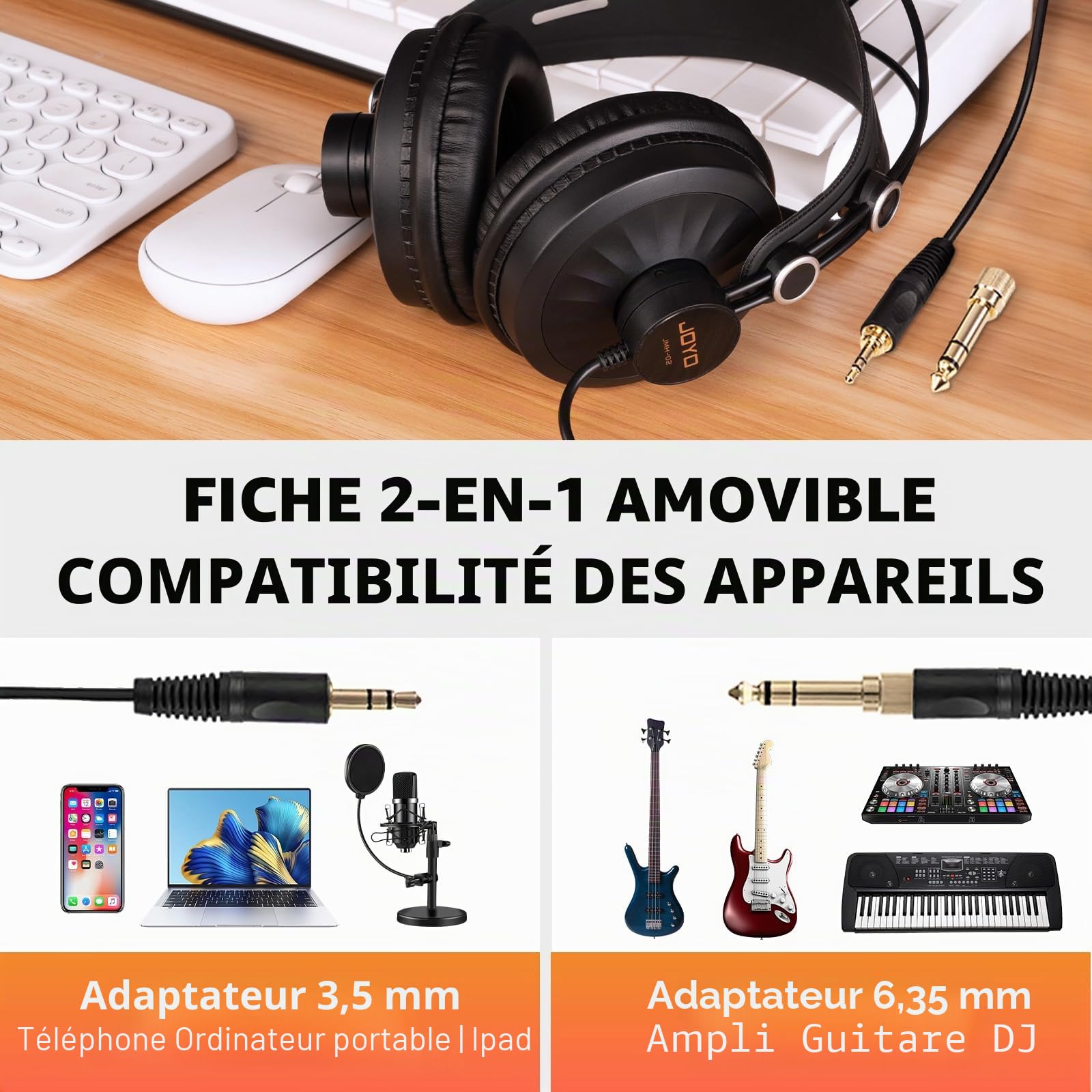 JOYO Casque de Studio Supra-aural à Haute Définition | Confort Circum-aural pour Longues Sessions | pour Écoute Critique, Mastering et Production Musicale (JMH-02)