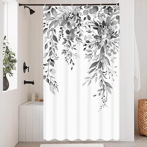 Juego de cortinas de ducha de eucalipto gris y blanco, cortinas de ducha de hojas de plantas florales grises para baño, flores botánicas, decoración
