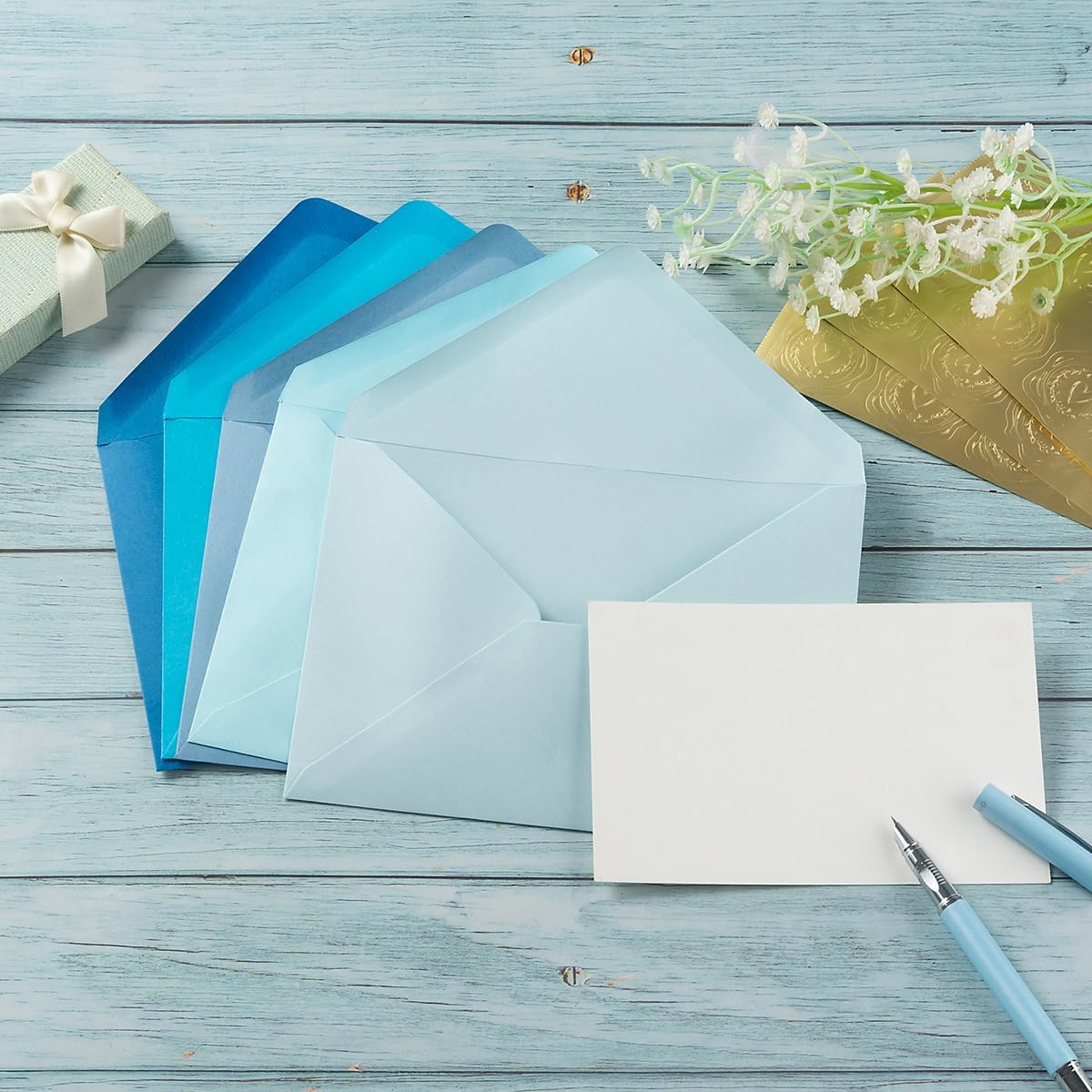 100 Pieces A7 Envelopes with Gold Stickers 5 Colors 5.24 x 7.24 Inches for Wedding Cards, Birthday, Baby Shower, Invitations (5 Blue, 5 1/4 x 7 1/4 inches) - Image 3