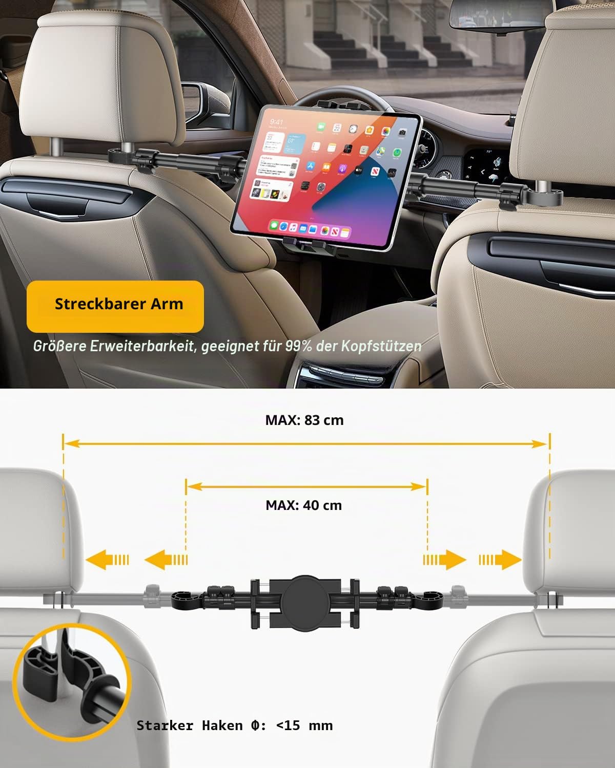 Tablet Halterung Auto Kopfstütze, Rücksitz KFZ Tablet Halter Mitte | Aluminiumstange 83 cm, Kinder Kopfstützenhalterung für Switch, iPad Pro Air Mini, Galaxy Tab, Kindle Fire, Handys, 4-13"