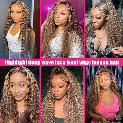 Miniatura 7 de Margarety Pelucas de cabello humano ondulado profundo con encaje frontal de 13 x 6 pulgadas, con reflejos prearrancados, ombré 427 rubio miel HD,