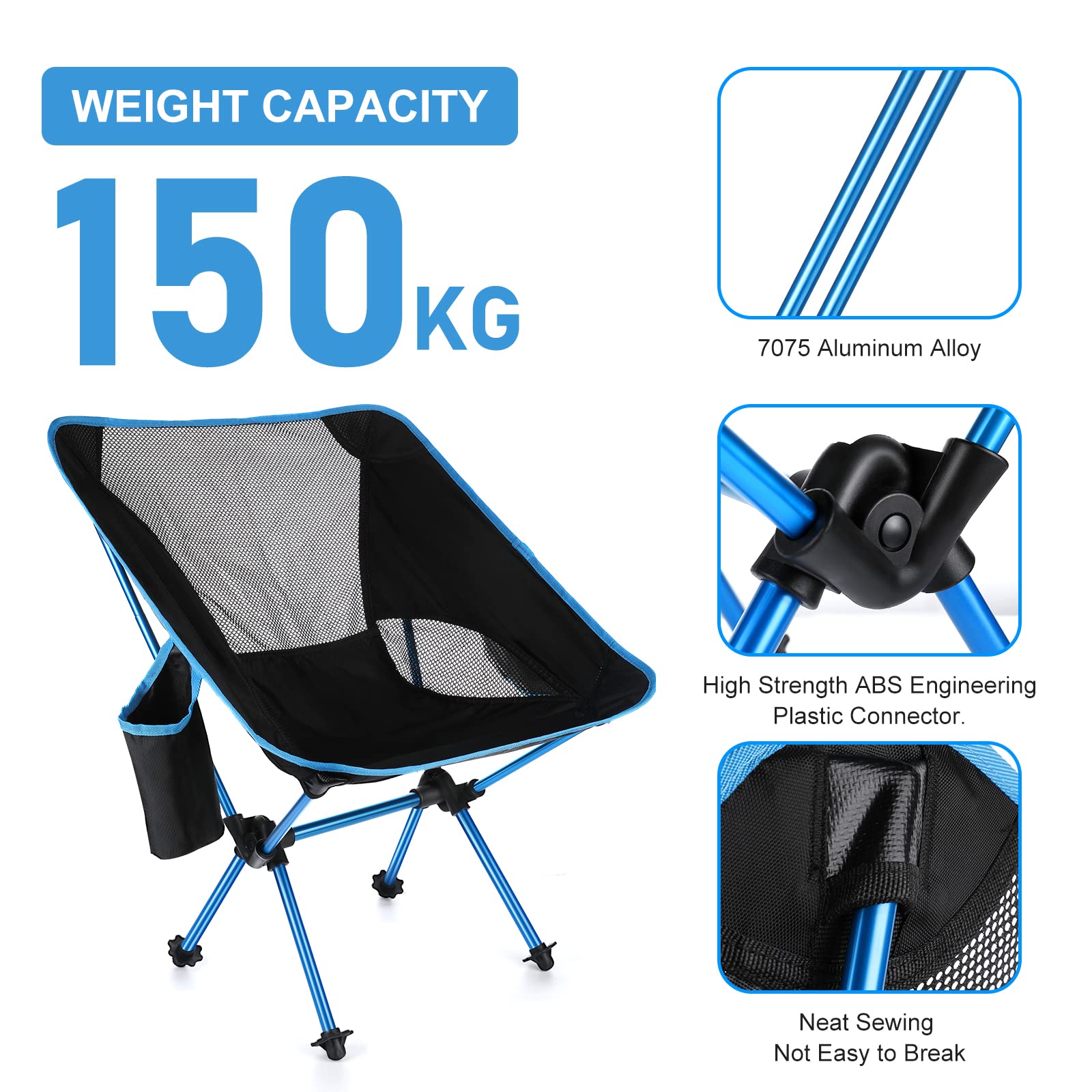 Krzesło kempingowe, ultralekkie, składane krzesło ogrodowe, przenośne krzesło kempingowe, maksymalne obciążenie 150 kg, idealne na plażę, wędkowanie, wędrówki, piknik, podróż
