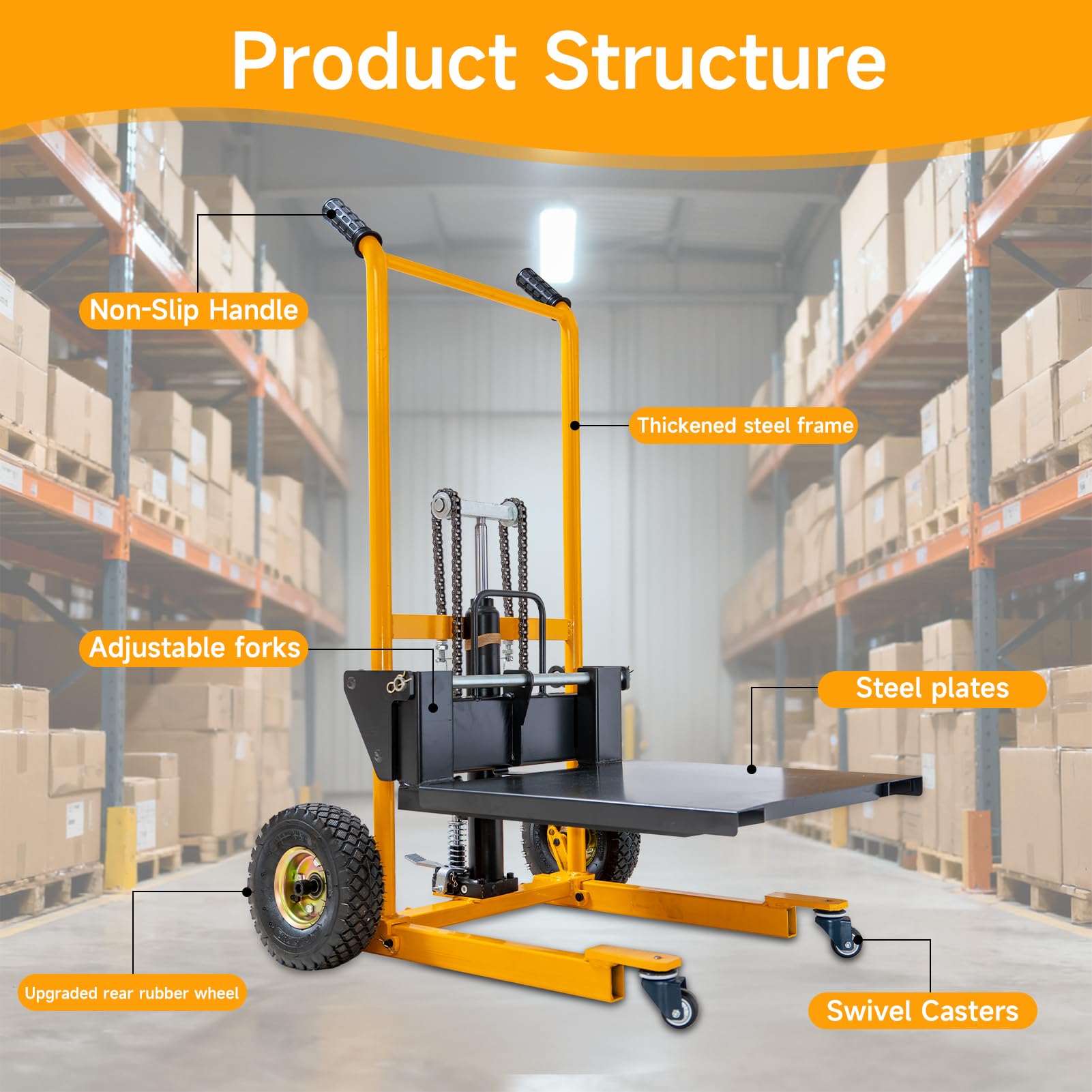 Apilador Hidráulico Plegable 200kg Elevador de Materiales, Transpaleta Manual 91cm Mesa Elevadora con Horquillas Ajustables y Plataforma Desmontable, Carro de Carga Manual para Almacén Taller | Horquillas regulables 18,5–50,5 cm, pedal de pie suave, doble