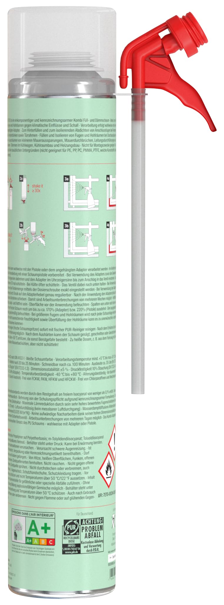 fischer Espuma de poliuretano de bajo monómero PU-P EVO 750 B2, la espuma de relleno y aislamiento monómero con práctico adaptador combinado, impermeable, altamente aislante térmico, color blanco, 750