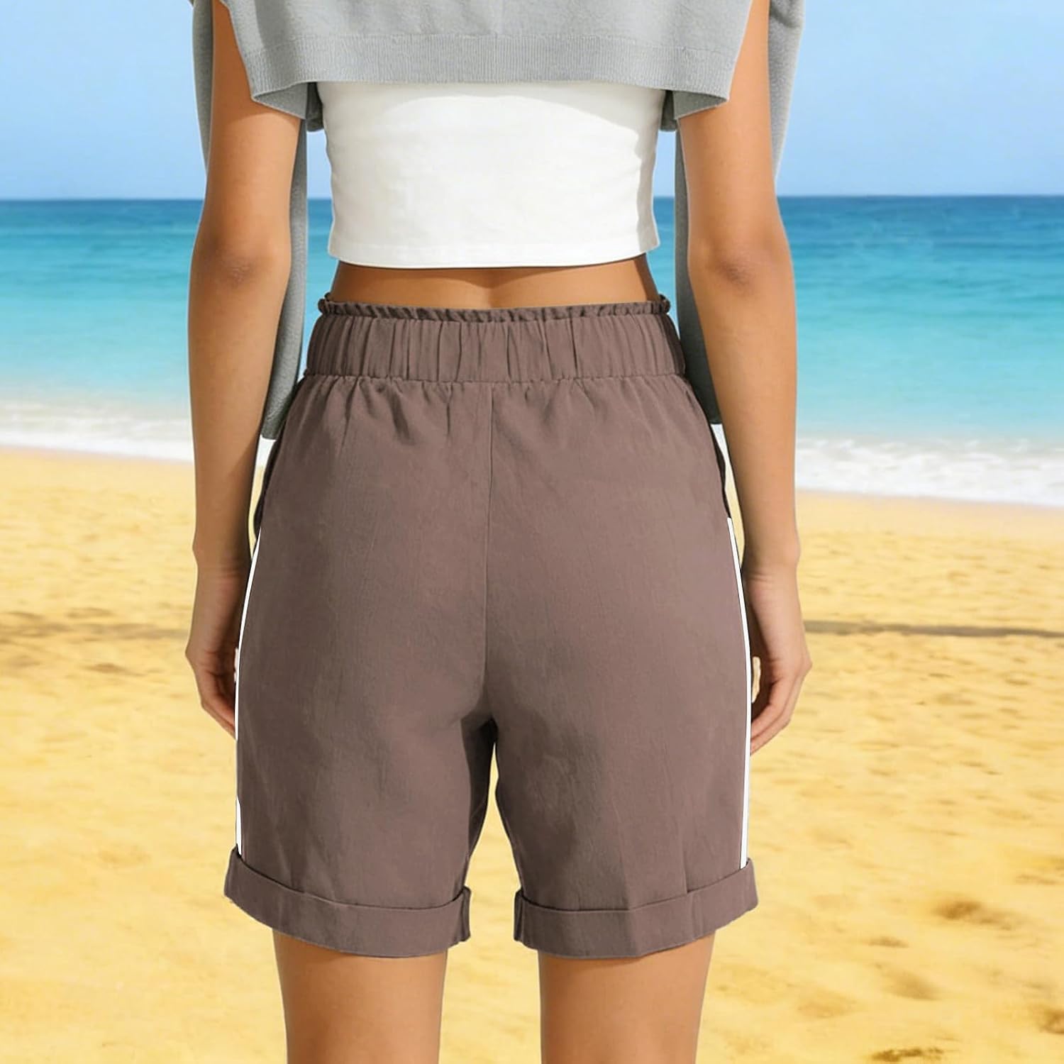 Linen Bermuda Shorts Women High Waisted Cotton Pants Lightweight Wide Leg Button Summer Beach Slacks with Pockets