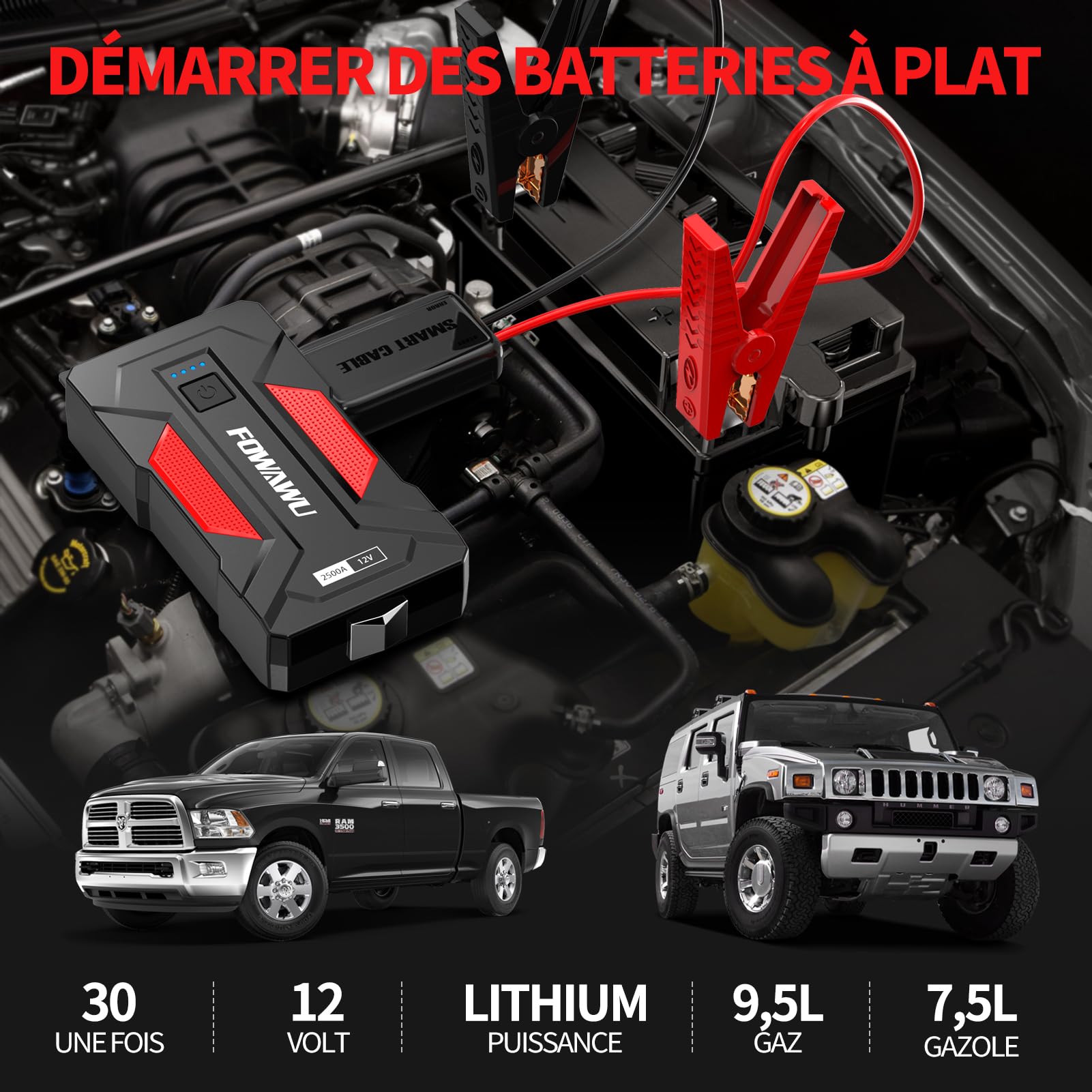 FOWAWU 6000A Booster Batterie Voiture,Démarre Moteurs 9,5L Ess/7,5L Diesel