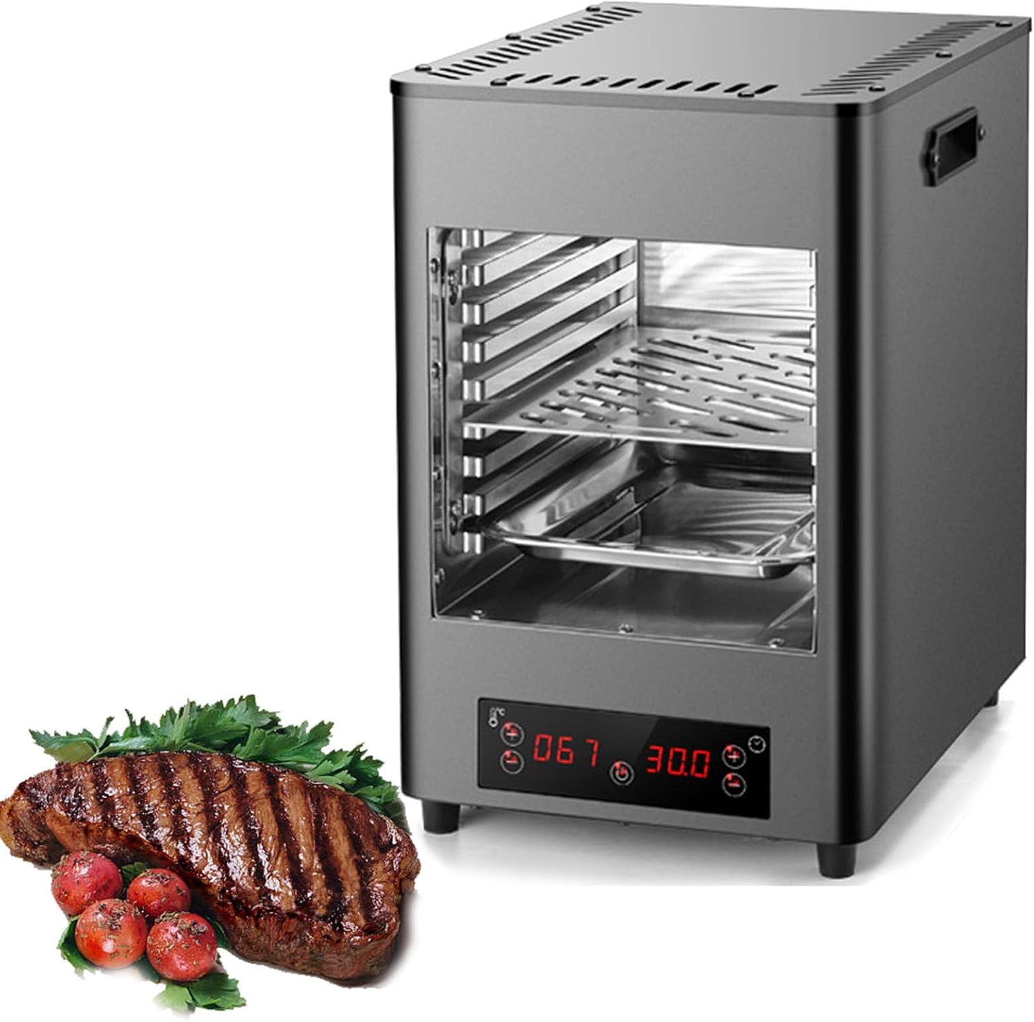 8-Layer Electric Steak Broiler, Commercial/Home Countertop Oven, 0-30Mins Timer, 800℃ Heating Temp, Automatic Steak Grill Machine, LCD Touch Panel, Air Fryer Oven,Metalli-Grey-220