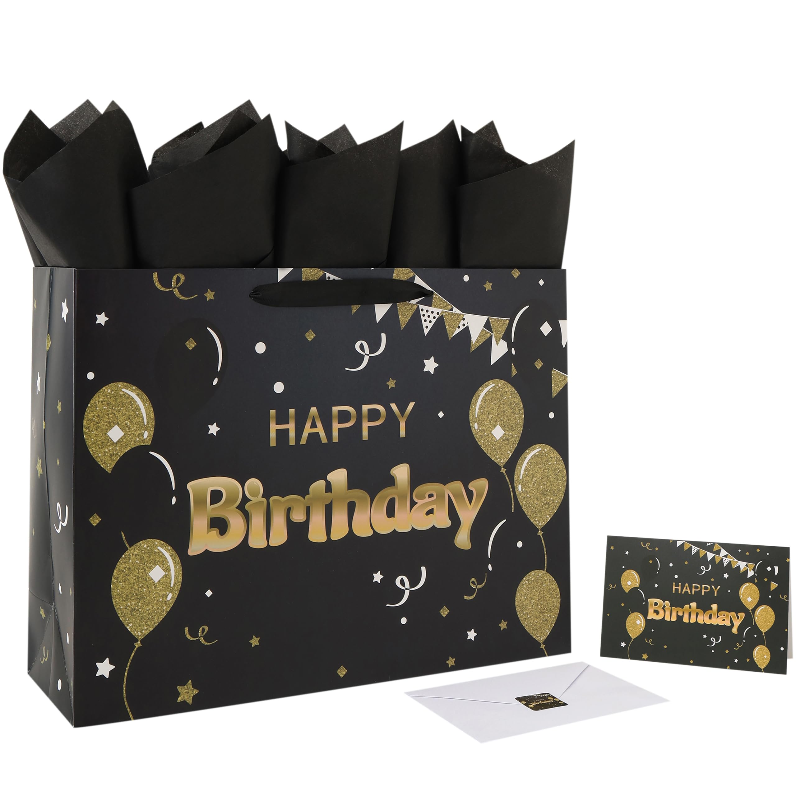 Qirrmiy 16.5” Extra Large Black Happy Birthday Gift Bag Set with Handles, Greeting Card, Tissue Papers and Stickers for Women Girls Men Boys, Balloons