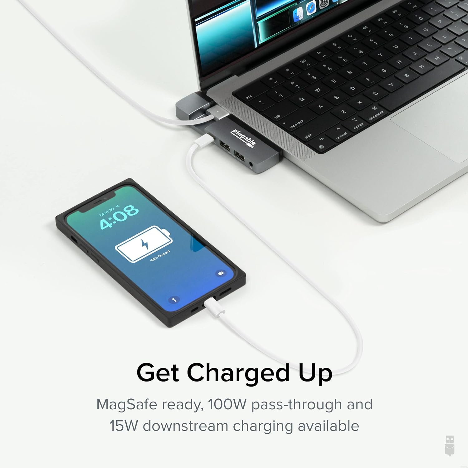 Plugable 5-in-1 USB C Hub for MacBook Pro & Air M1/M2/M3/M4/M5 - Thunderbolt 4 Compatible, MagSafe Ready, 40Gbps Data, Gigabit Ethernet, 2X USB 3.0 - Slim, Portable Adapter with Pass-Through Charging