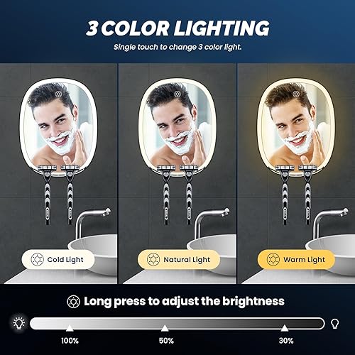 Miniatura 4 de Espejo de ducha sin niebla para afeitarse y maquillaje, espejo de ducha de baño inastillable antivaho con luz (3 ajustes de color), gancho adhesivo