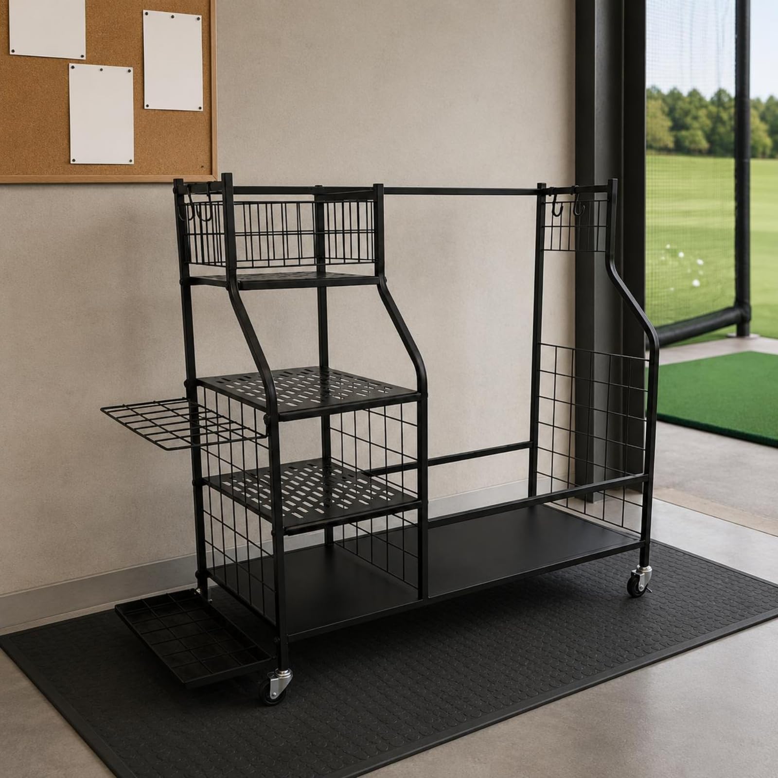 Golf Ausrüstung Ständer Golfständer Golfschläger Halter Golf Bag Regal Schwerlast Eisenrahmen mit Rollen Getrennte Fächer für Zubehör für Pro Shop Heimtraining Garage Aufbewahrung