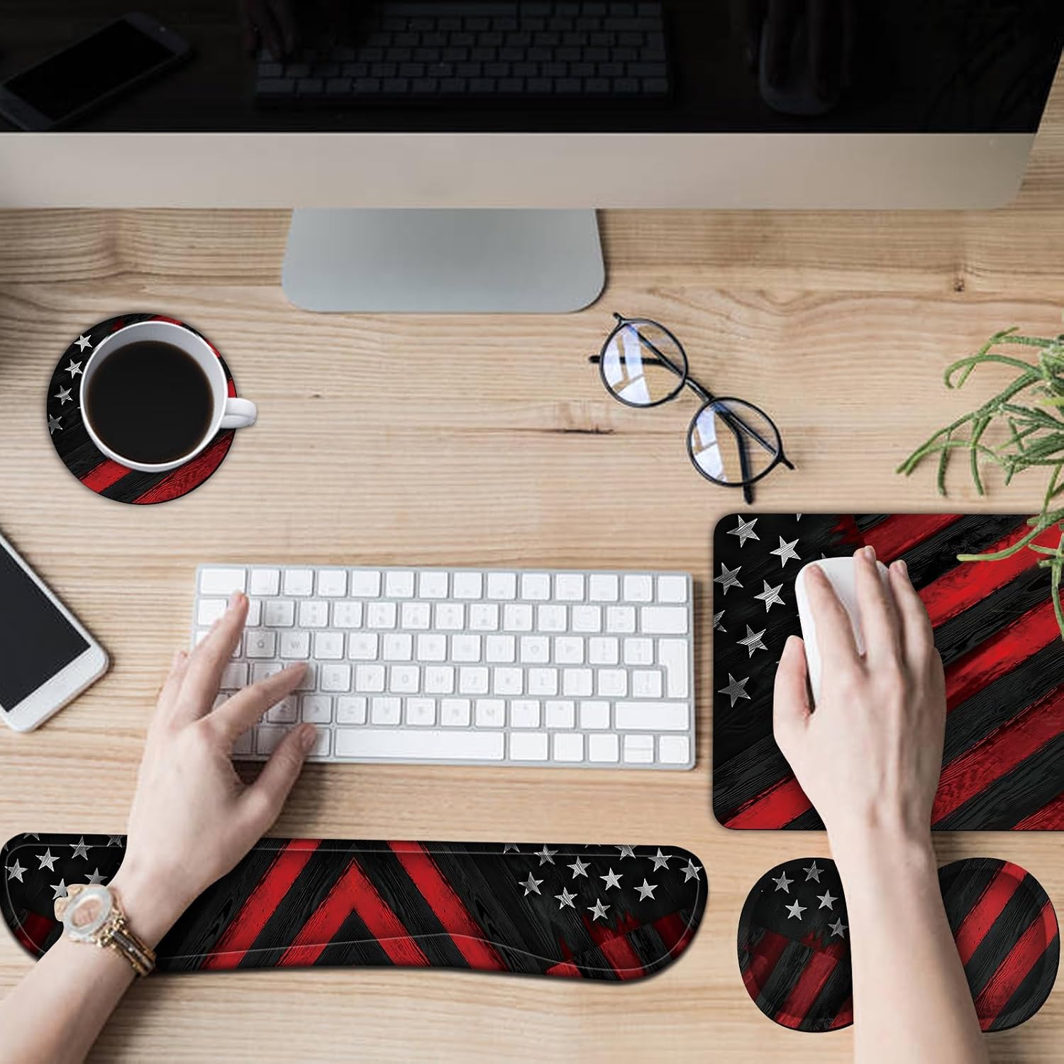 Keyboard Wrist Rest + Mouse Pad + Mouse Wrist Rest Support Set + Coaster, Ergonomic Memory Foam Mouse and Keyboard Pad Set for Laptop Computer Office Home Working Gaming, Wood Grain Flag