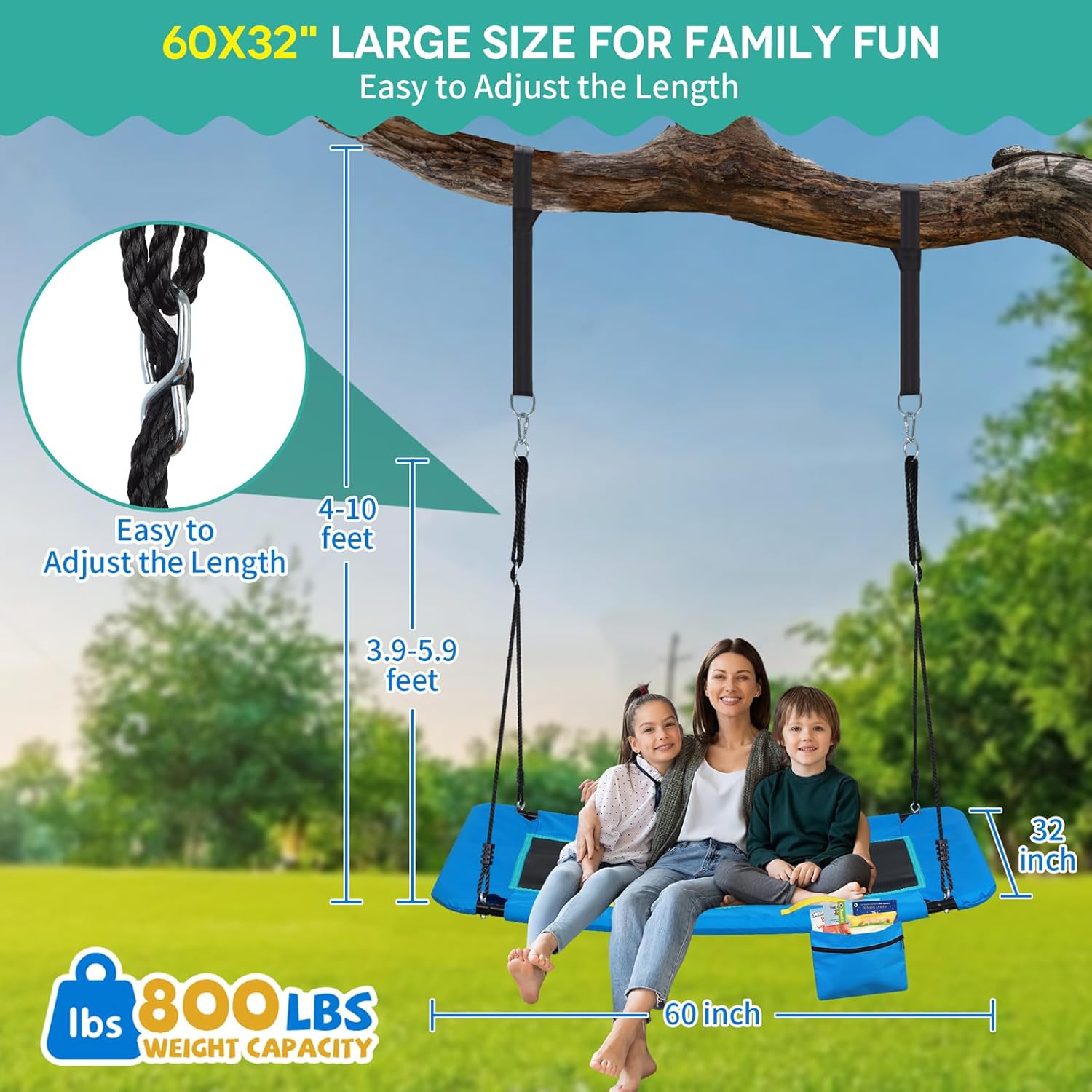 800lb 60 Skycurve Platform Tree Swing for Kids Adults with Pocket | Anti-Sagging Outdoor Giant Platform Swings with Handles | 900D Wear Resistant Large Skycurve Swings for Swing Set