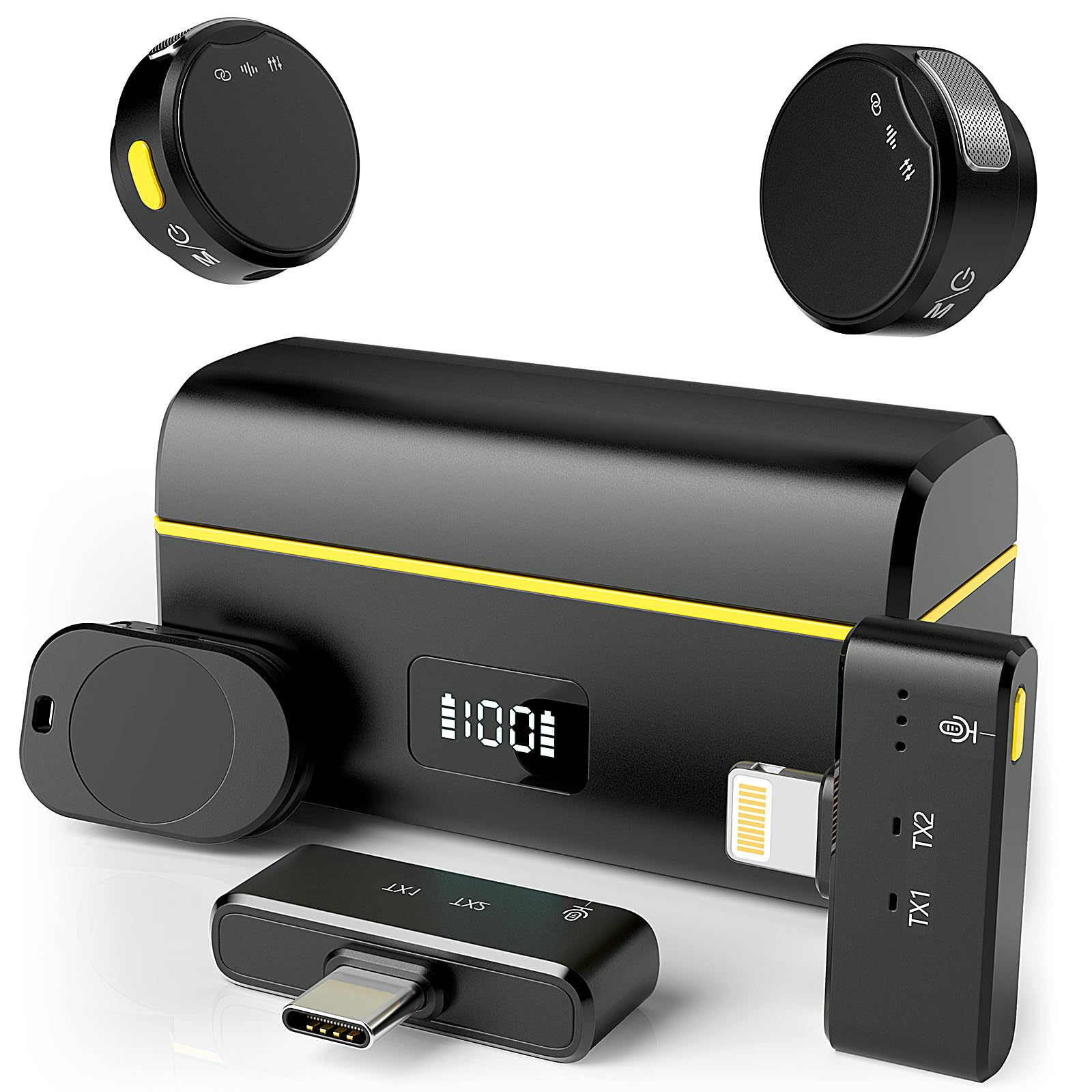 Wireless Lavalier Microphone for iPhone/Android with Lightning/USB C(2 TX+2 RX+Charging Case), Mini Microphone with Noise Cancellation, 35H Battery, Clip on Lapel Mic for Video Recording Vlog