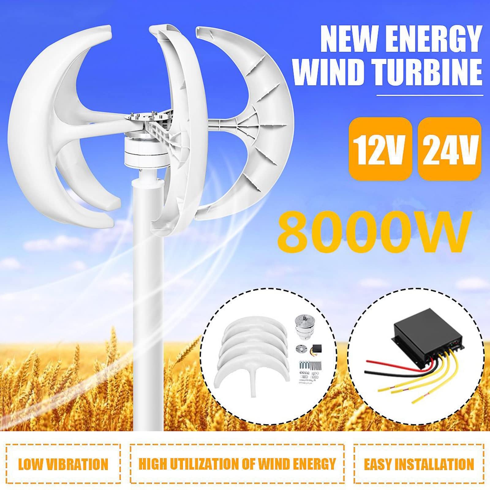 Vertikaler Windturbinengenerator, 8000W 12V 24V 5-Klingen Vertikale Achsen Windkraftanlagen Generator Laterne Motor Kit Für Home Factory Verwenden Sie (Mit Controller)