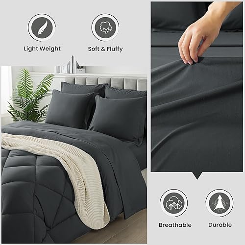 Miniatura 3 de Juego de edredón tamaño California King, 7 piezas de cama en una bolsa, juegos de ropa de cama con edredón acolchado suave y ligero para todas las