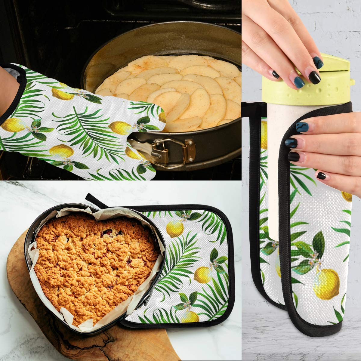 Gants + Maniques Barbecue En Lin - Protection Chaleur, Motif Floral Noir & Blanc, Lavables