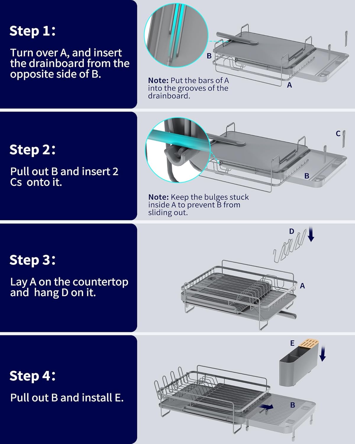 Kitsure Extendable Dish Drying Rack, Large Drying Dish Rack with Cutlery & Cup Holders, Multifunctional Dish Racks for Counter with Drainage, 18.2"-25.7" L x 12.9" W, Grey - Image 6