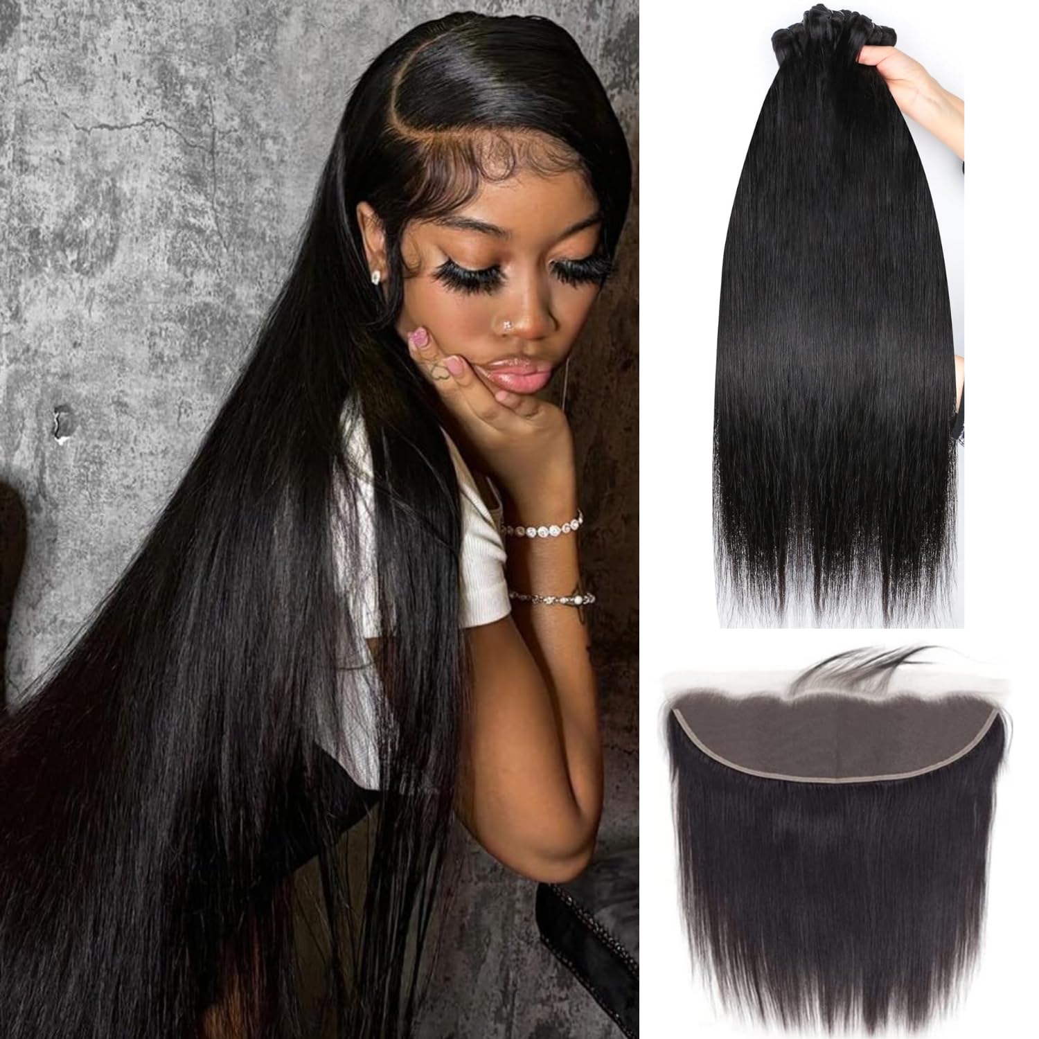 Human Hair Bundles with Frontal 3 Bundles with 13x4 Lace Frontal Free Part 12A Straight Hair 100% Unprocessed Brazilian Virgin (straight 3 bundles with frontal, 30 30 30+20)