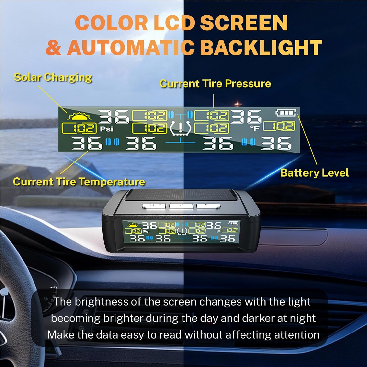 Tire Pressure Monitoring System, Wireless TPMS with Solar and USB Charger, 6 Sensors and 6 Alarm Modes, Real-time Tire Pressure Monitor for RV Pickup with Extra 6 Tire Valve Stem Caps (0-87 PSI)