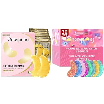 Onespring Gold Eye Masks 24 Pairs & Eye Masks 36 Pairs, Collagen Under Eye Patches for Dark Circles, Puffy Eyes, Undereye Bags, Wrinkles - Rejuvenating & Revitalizing Eye Skincare Treatment