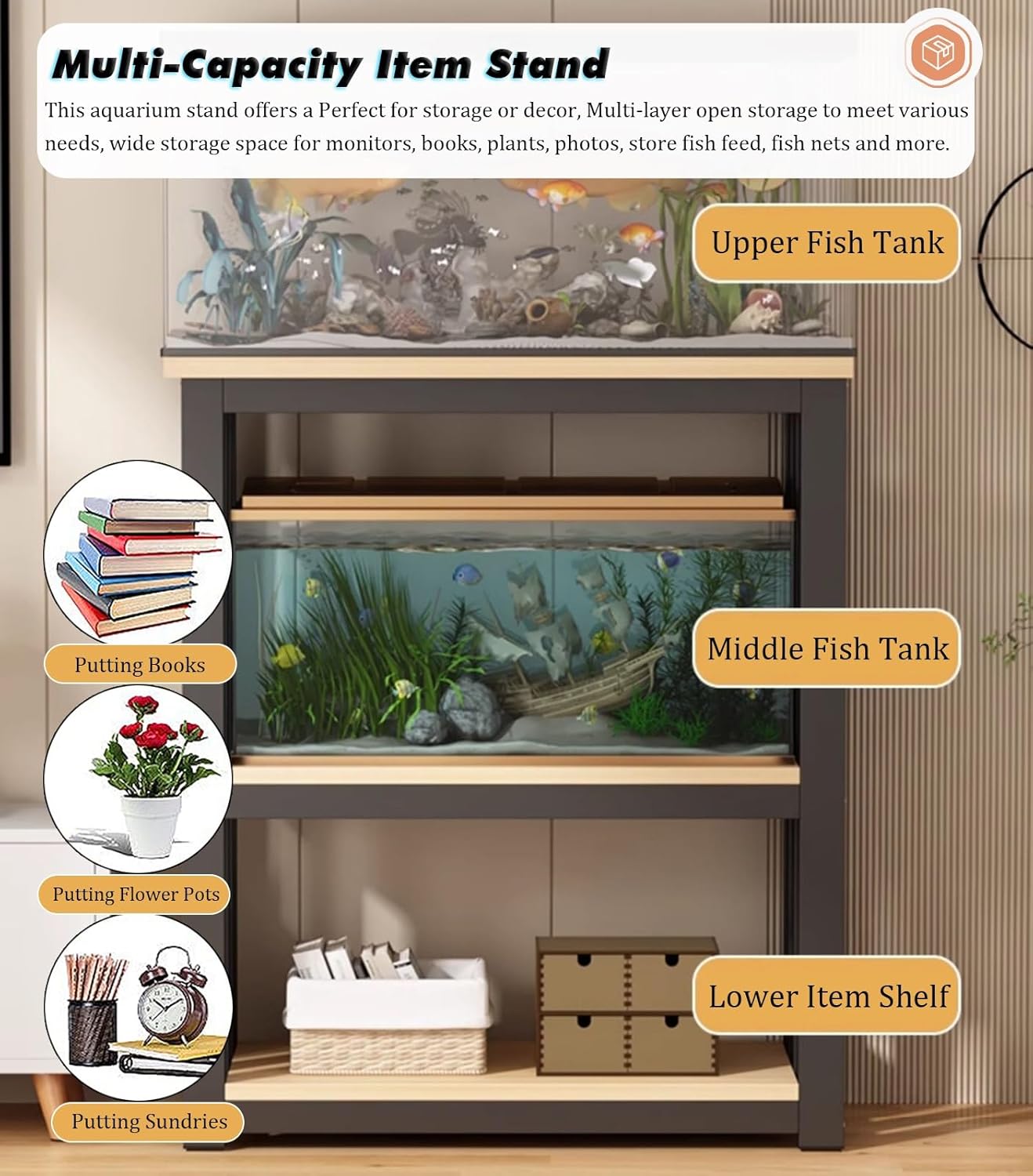 Adjustable Multi-Tier Steel Fish Tank Stand for 12-20" Aquariums & Reptile Terrariums, Durable Storage Cabinet & Versatile Shelf for Home/Office Use