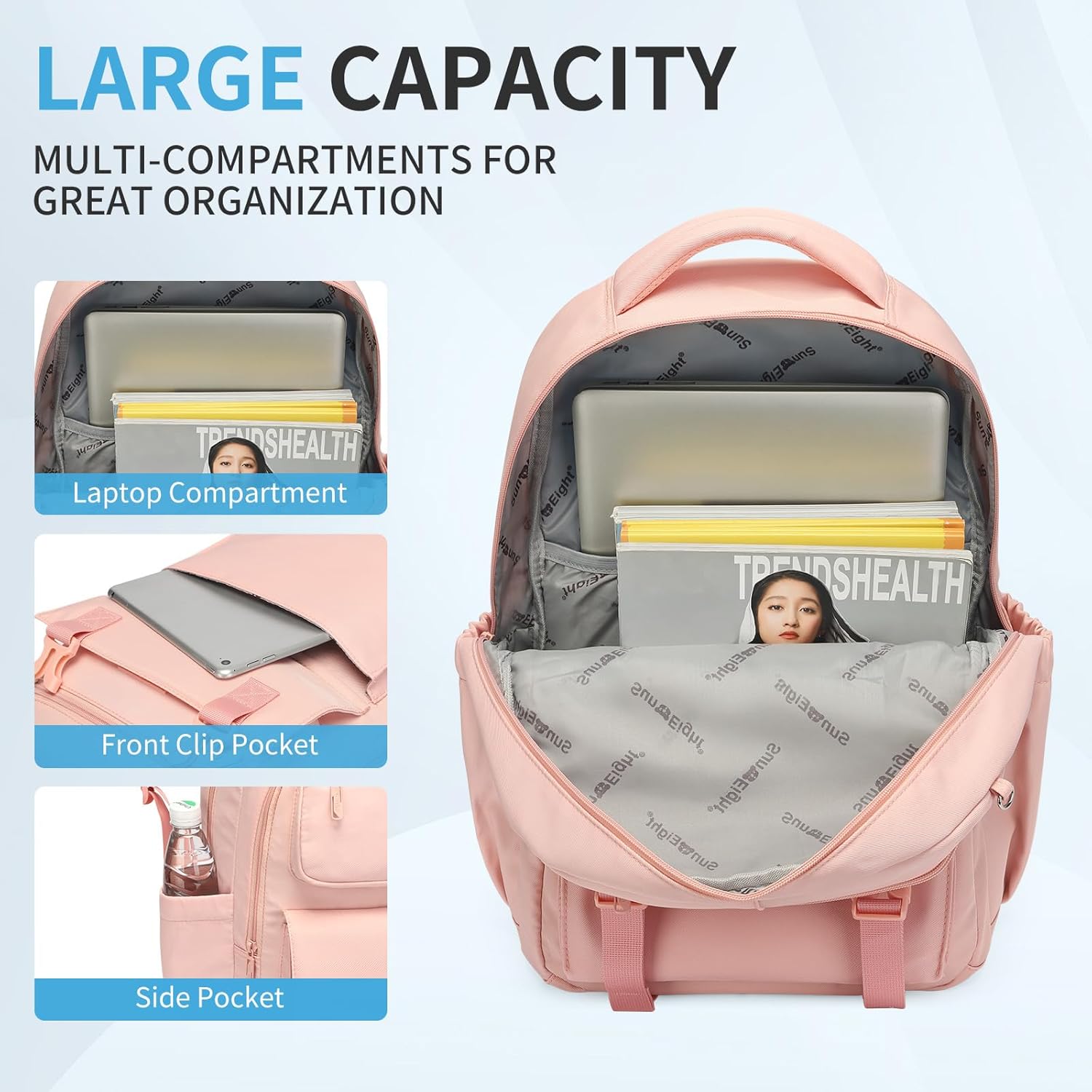SUN EIGHT 35L Large Capacity School Backpack for Teen Girls Lightweight Bookbags Elementary Middle School Laptop Bags Women Travel Daypacks(Pink) - Image 3